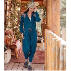 Sundance On Holiday Jumpsuit Teal Blue Floral Embroidered Hooded Size SMALL